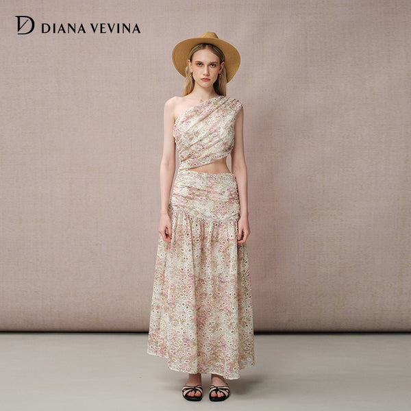 ONE-SHOULDER PINK EYELET EMBROIDERED DRESS