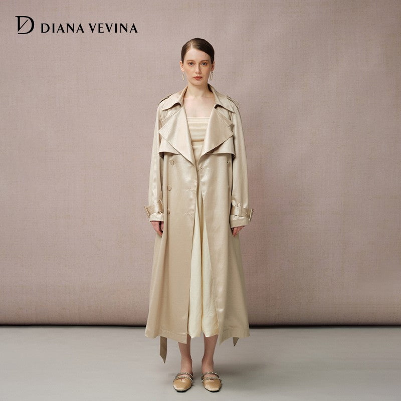 SATIN DOUBLE-LAYER COLLAR LONG TRENCH COAT