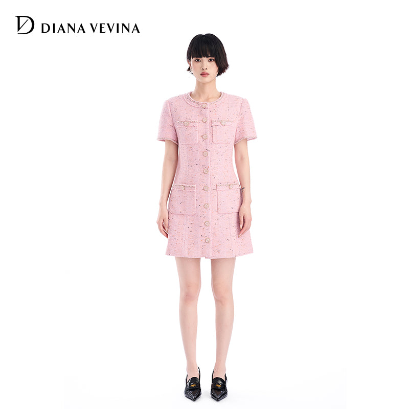 PINK TWEED SHORT SLEEVE DRESS