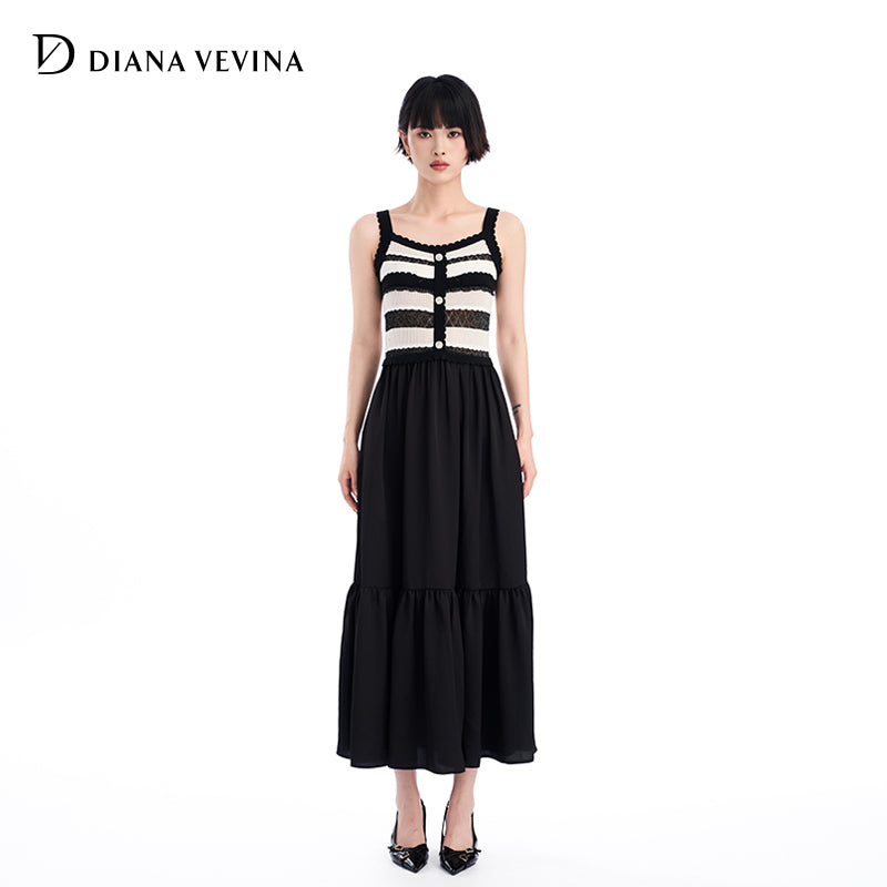 STRIPED EYELET KNIT PATCHWORK DRESS