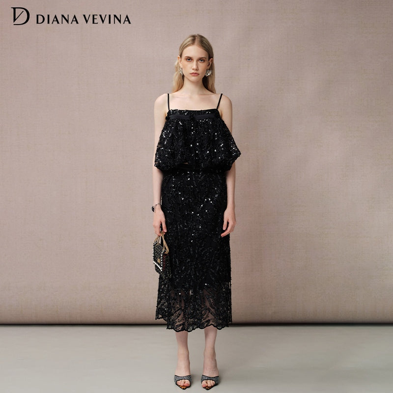 SEQUIN EMBROIDERED LONG SKIRT