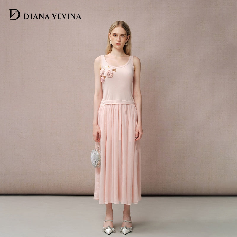 PINK BUTTERFLY EMBROIDERY PATCHWORK SLEEVELESS DRESS
