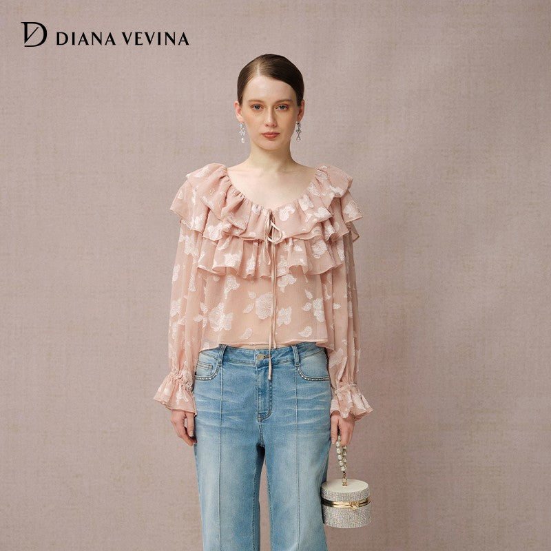 TEXTURED BURNOUT CHIFFON RUFFLE BLOUSE