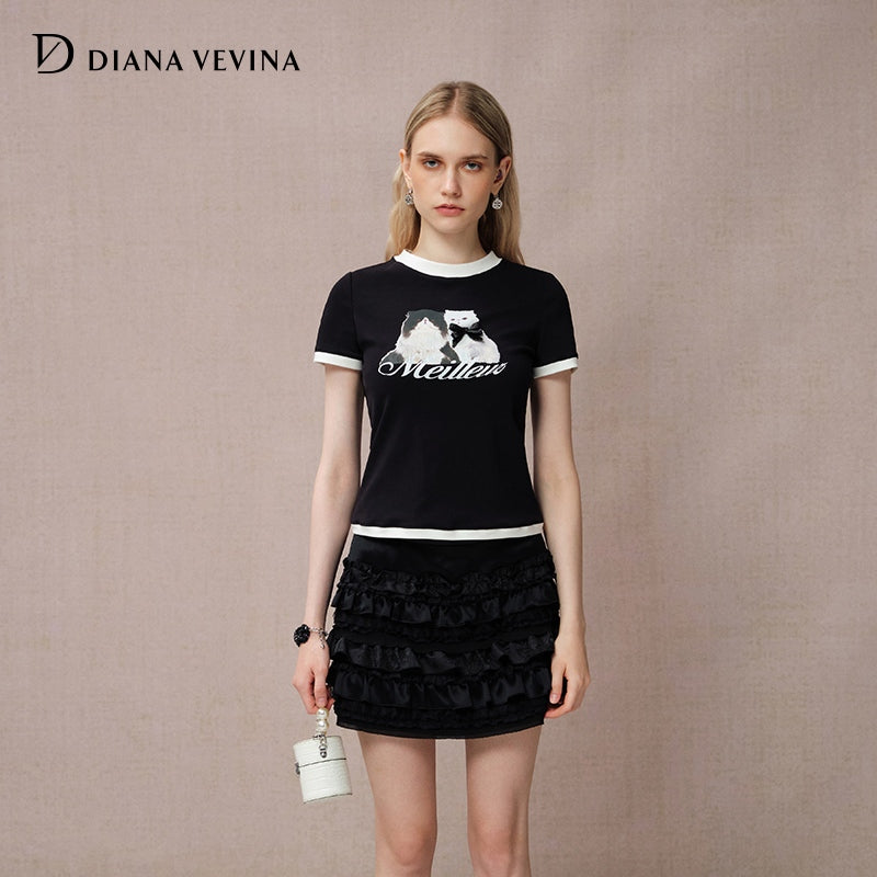 CAT PRINT COLORBLOCK SHORT SLEEVE