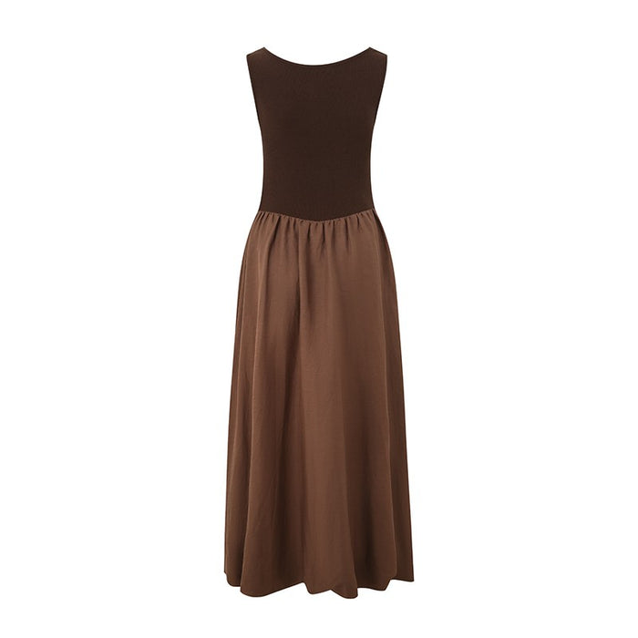 COFFEE KNIT PANEL BUBBLE HEM MAXI DRESS