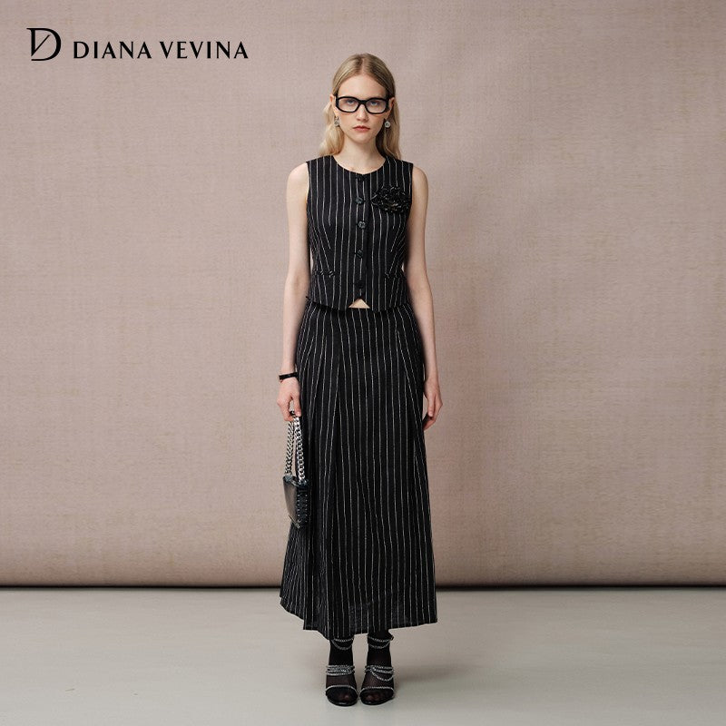 STRIPED LINEN PLEATED SKIRT