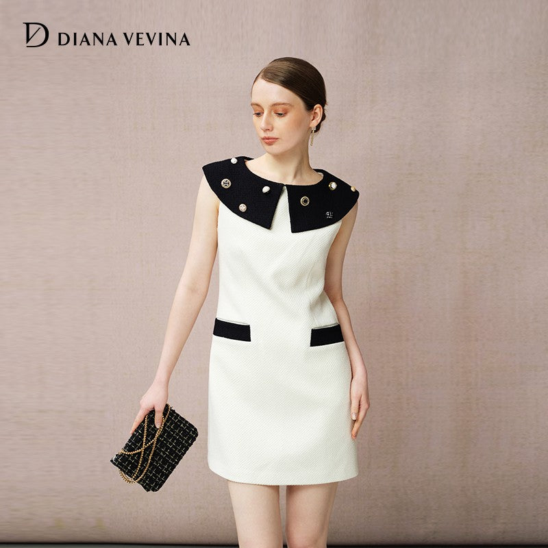 BLACK & WHITE TWEED DRESS WITH BIG COLLAR