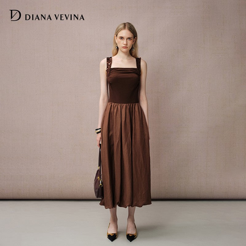COFFEE KNIT PANEL BUBBLE HEM MAXI DRESS