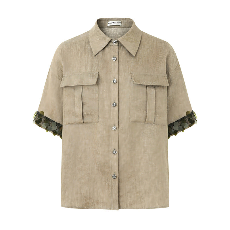 GREEN LINEN SHIRT WITH SEQUIN PANELS