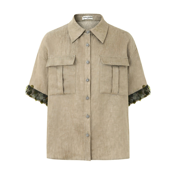 GREEN LINEN SHIRT WITH SEQUIN PANELS