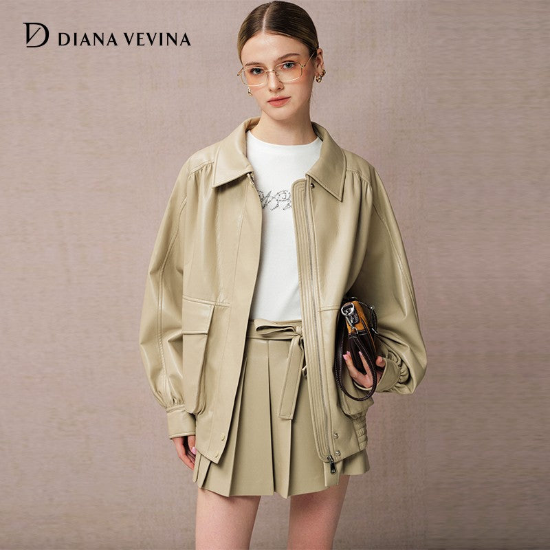 KHAKI PLEATED LEATHER SKIRT