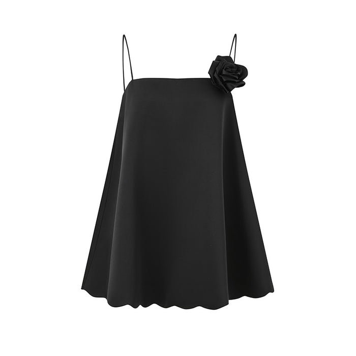 BLACK RUFFLE EDGE SATIN FLORAL CAMI