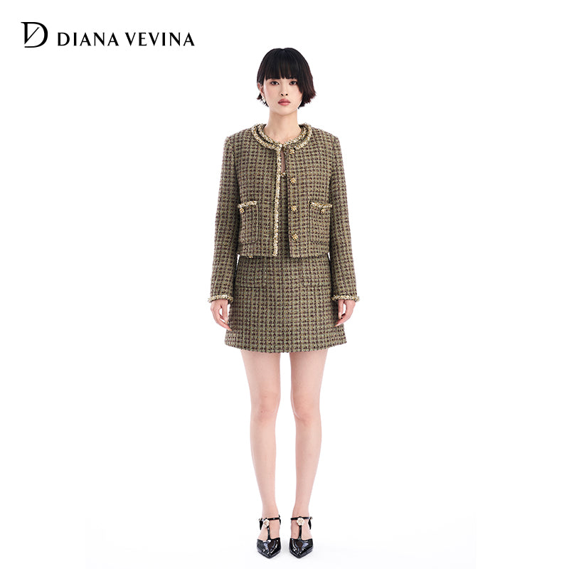 GOLDEN BEADED FLORAL CROPPED TWEED JACKET