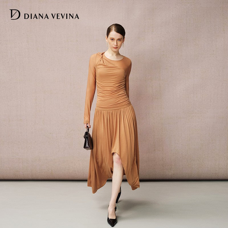 CARAMEL KNITTED LONG SLEEVE DRESS