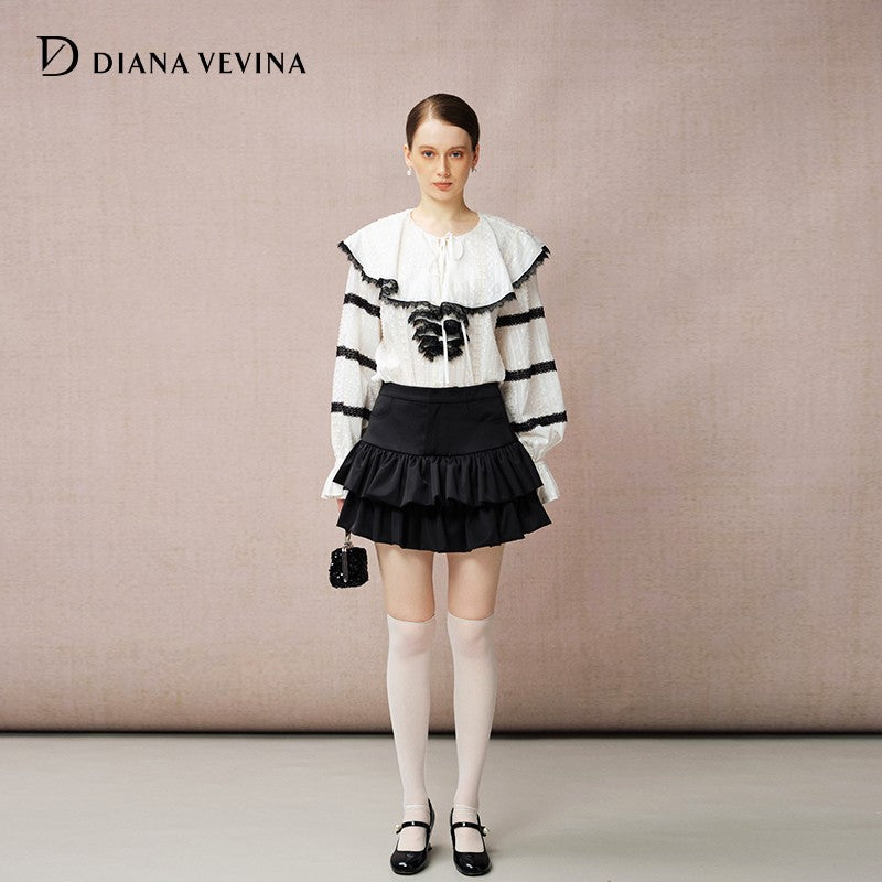CONTRAST LACE TRIM BLACK BLOUSE