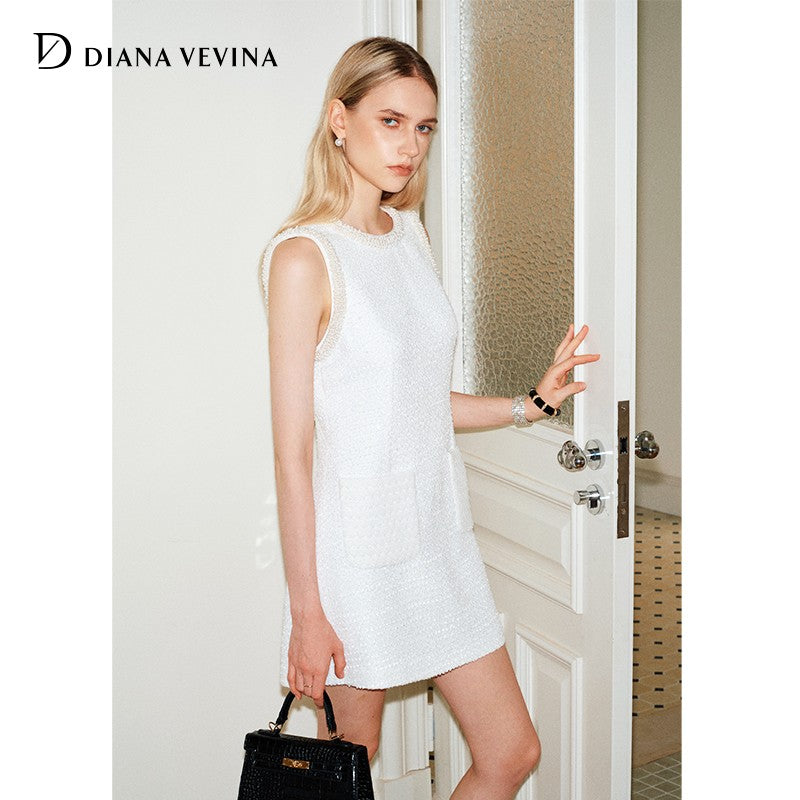 PEARL TRIM TWEED SLEEVELESS DRESS
