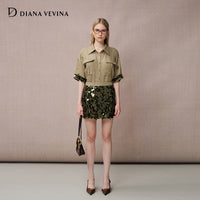 GREEN SEQUIN PANEL LINEN SKIRT