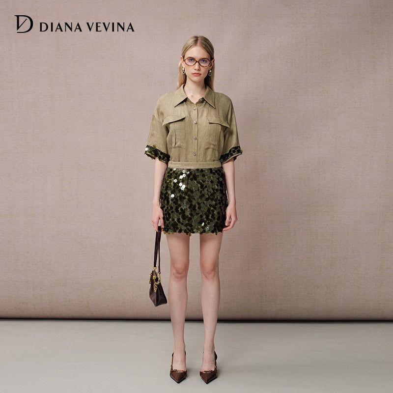 GREEN SEQUIN PANEL LINEN SKIRT