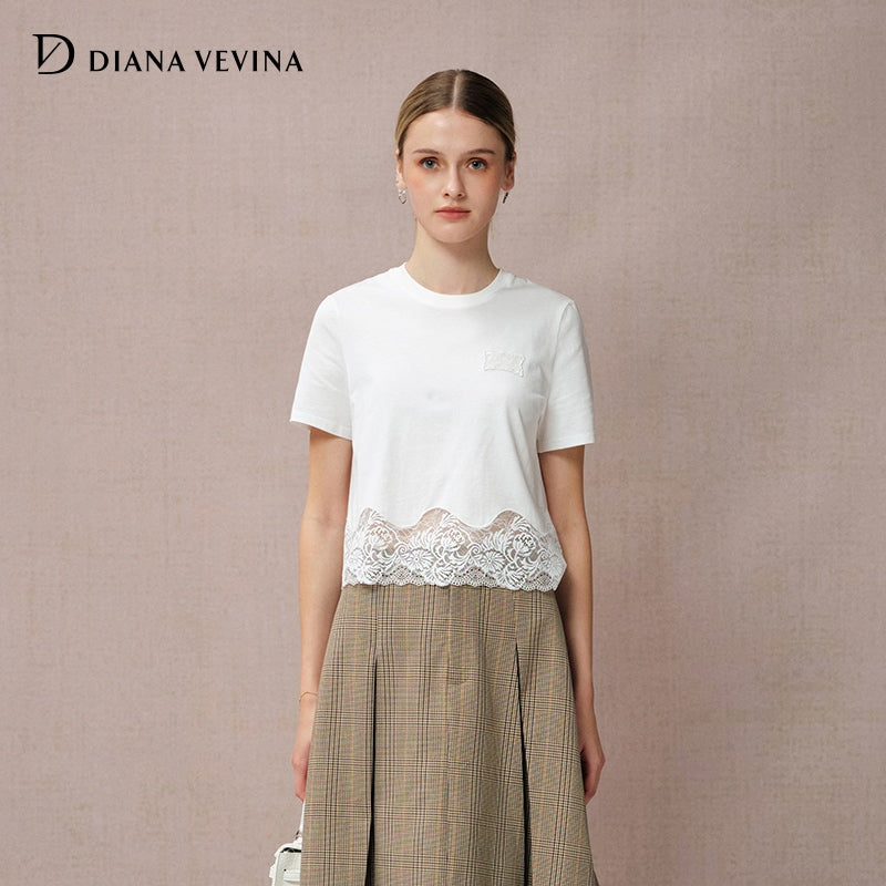 KNIT PATCHWORK LACE EMBROIDERED SHORT SLEEVE T-SHIRT