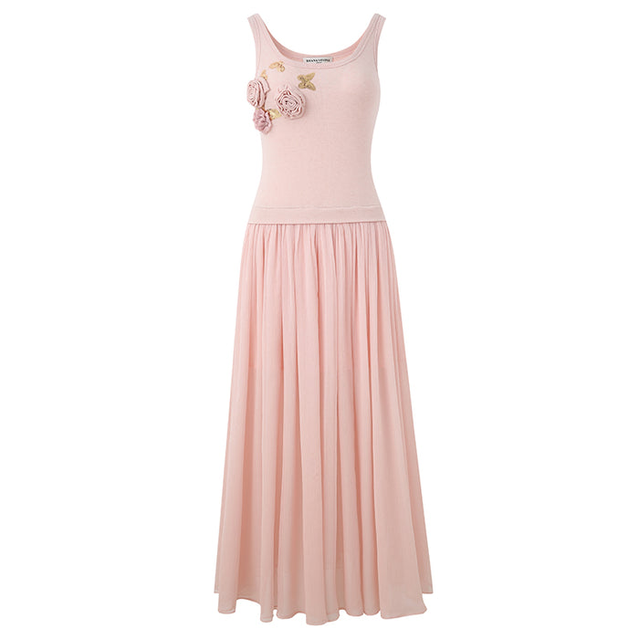 PINK BUTTERFLY EMBROIDERY PATCHWORK SLEEVELESS DRESS