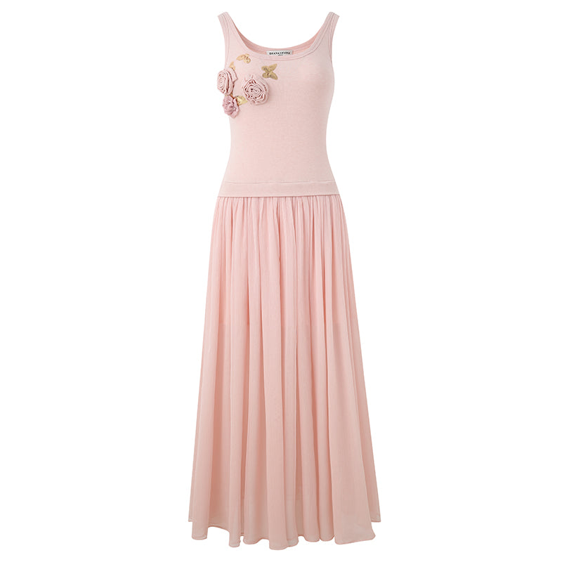 PINK BUTTERFLY EMBROIDERY PATCHWORK SLEEVELESS DRESS