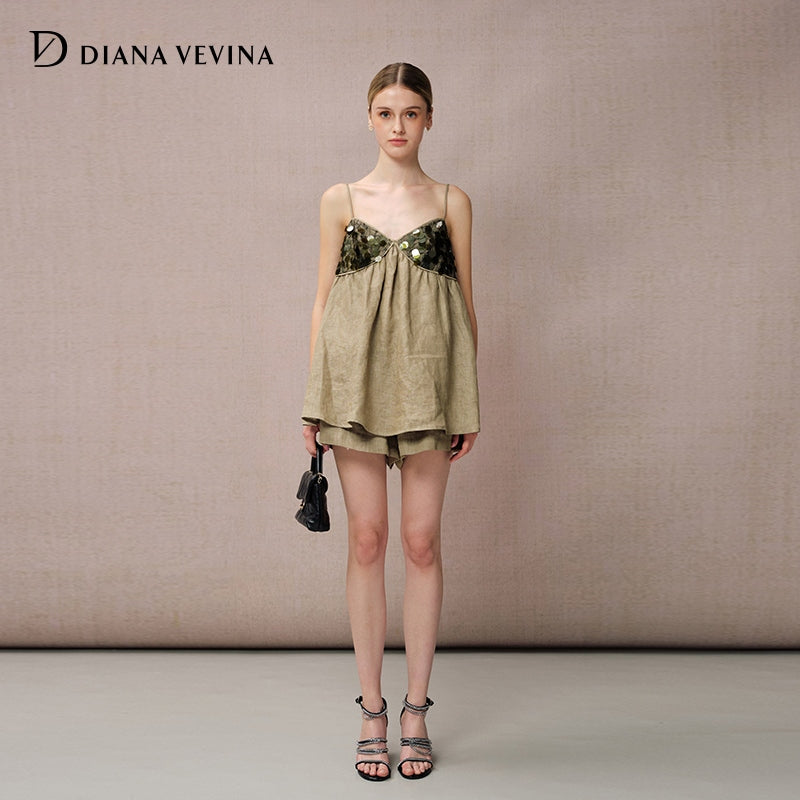 GREEN LINEN DRAWSTRING SHORTS