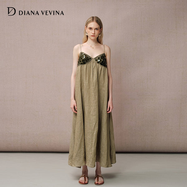 GREEN LINEN SEQUIN PANEL DRESS