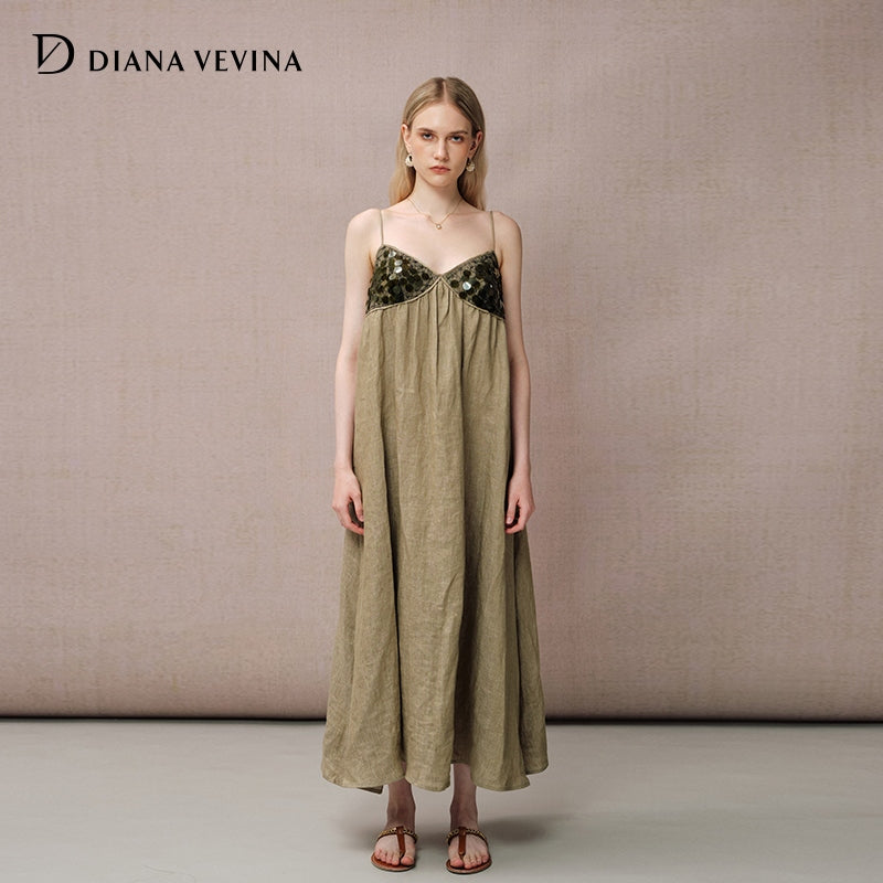 GREEN LINEN SEQUIN PANEL DRESS