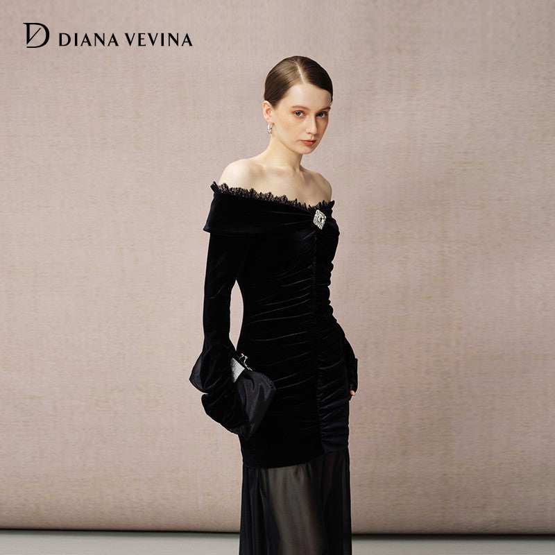 VELVET CHIFFON OFF-SHOULDER DRESS