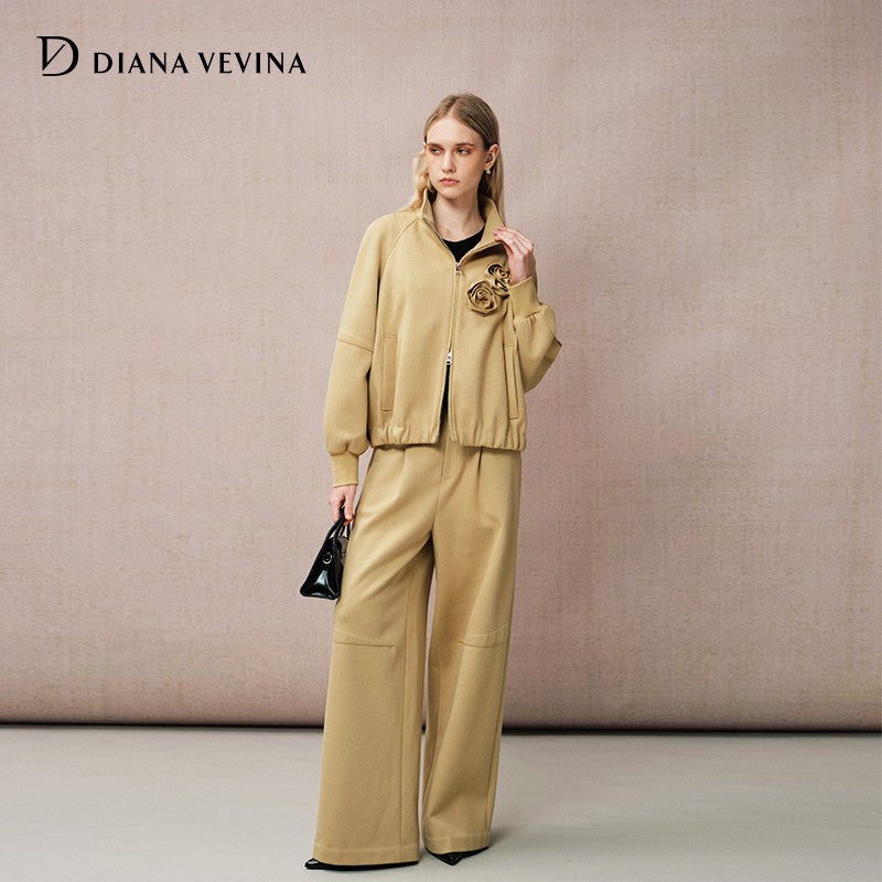 KHAKI ZIP-UP COLLARED SWEATSHIRT JACKET