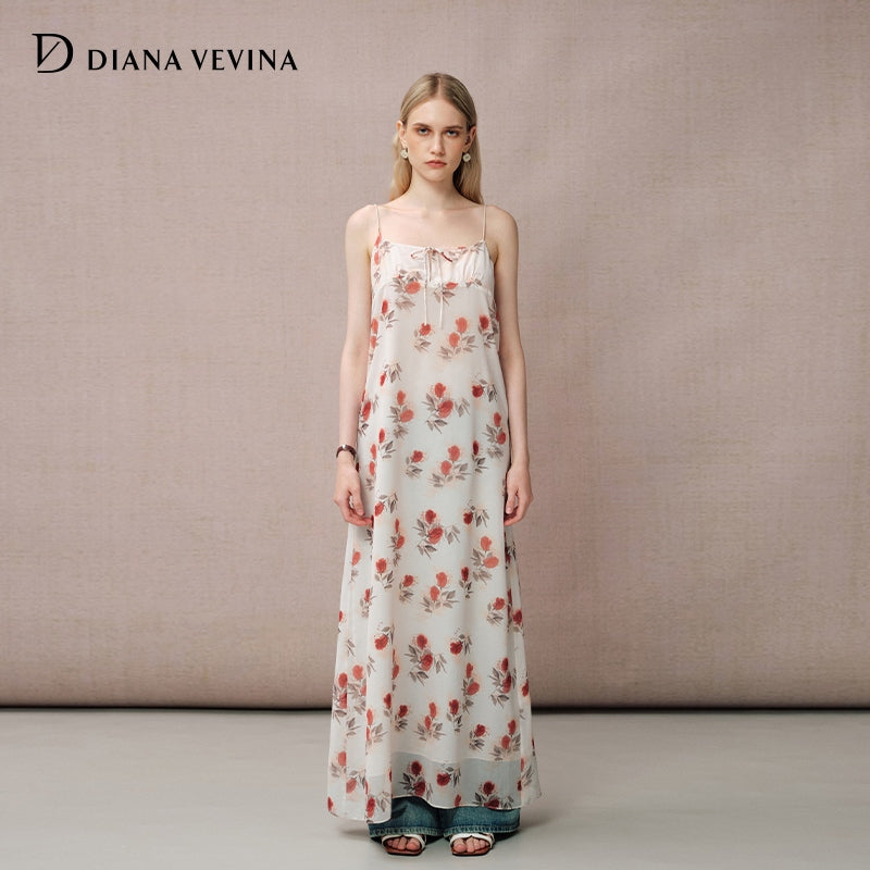 ROSE PRINT CHIFFON STRAPPY DRESS