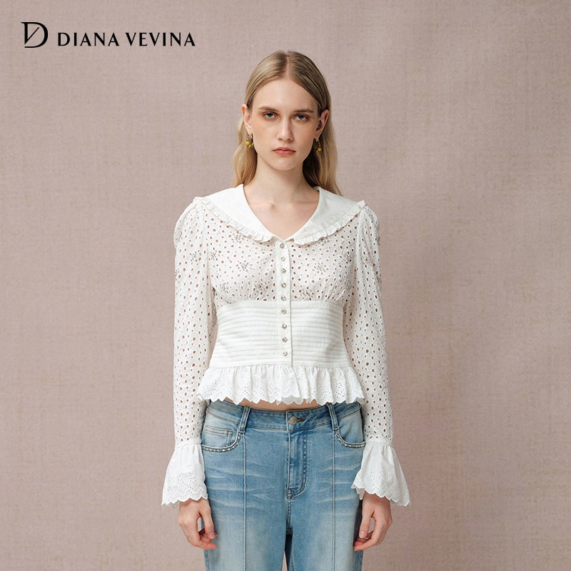 EMBROIDERED PEARL-EMBELLISHED NAVY COLLAR SHIRT