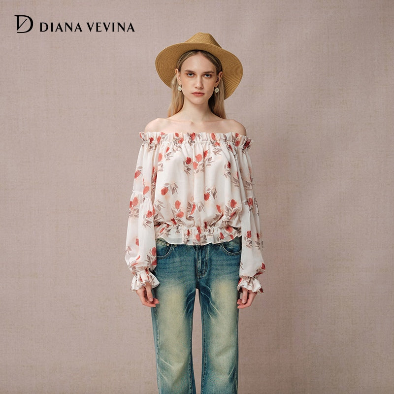 ROSE PRINT CHIFFON OFF-SHOULDER TOP