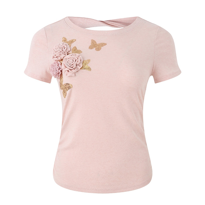 PINK BUTTERFLY BEADED FLORAL T-SHIRT