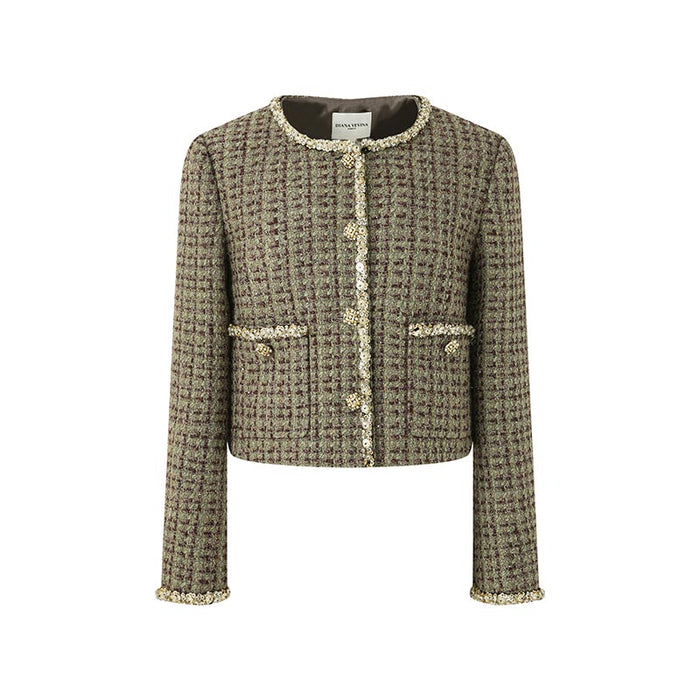 GOLDEN BEADED FLORAL CROPPED TWEED JACKET
