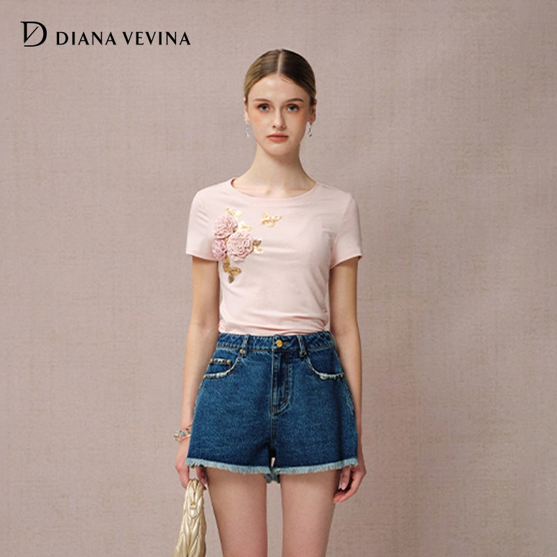 PINK BUTTERFLY BEADED FLORAL T-SHIRT