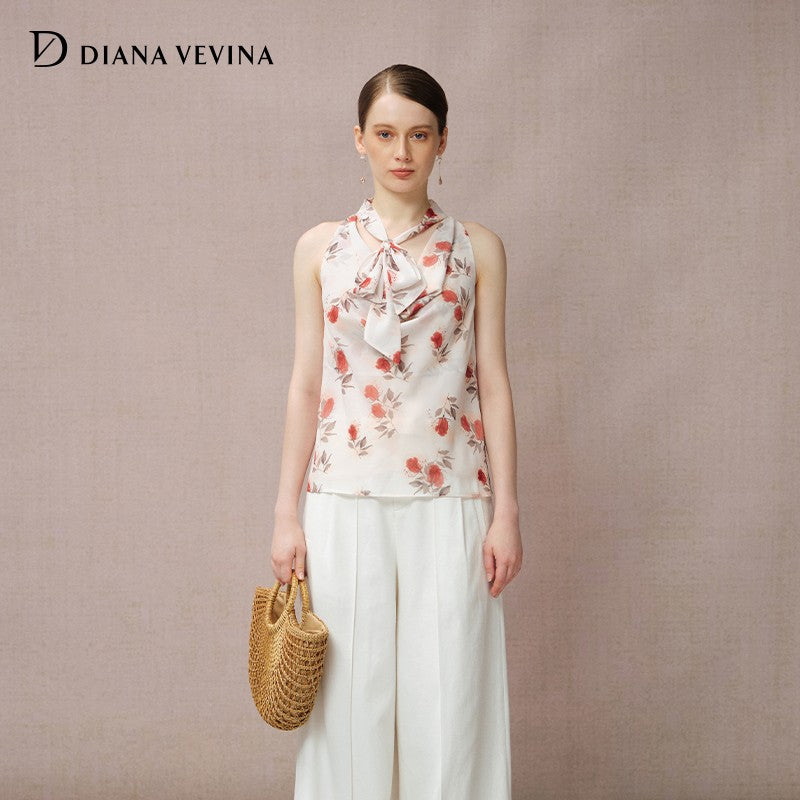 ROSE PRINT CHIFFON TIE BLOUSE
