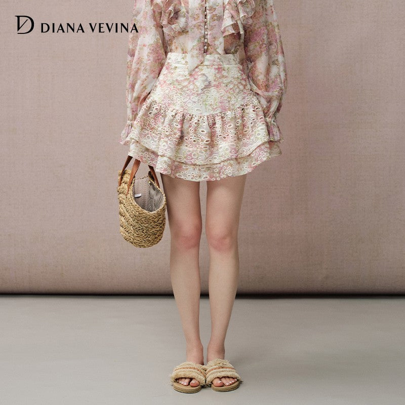 DOUBLE LAYER EMBROIDERED PRINT PUFF SKIRT