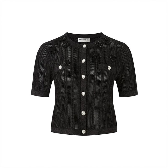 BLACK CROCHET SHORT SLEEVE CARDIGAN