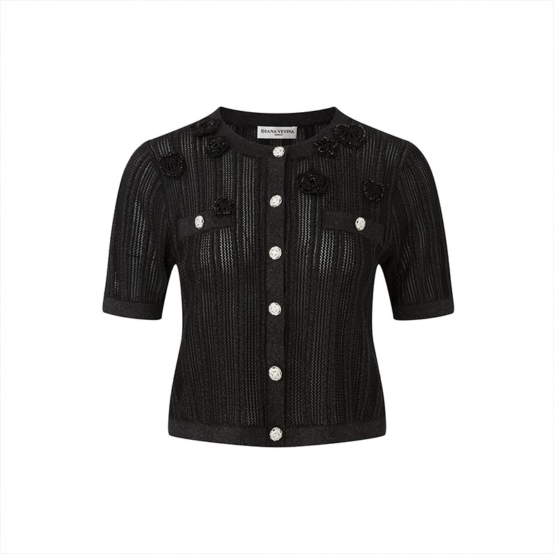 BLACK CROCHET SHORT SLEEVE CARDIGAN