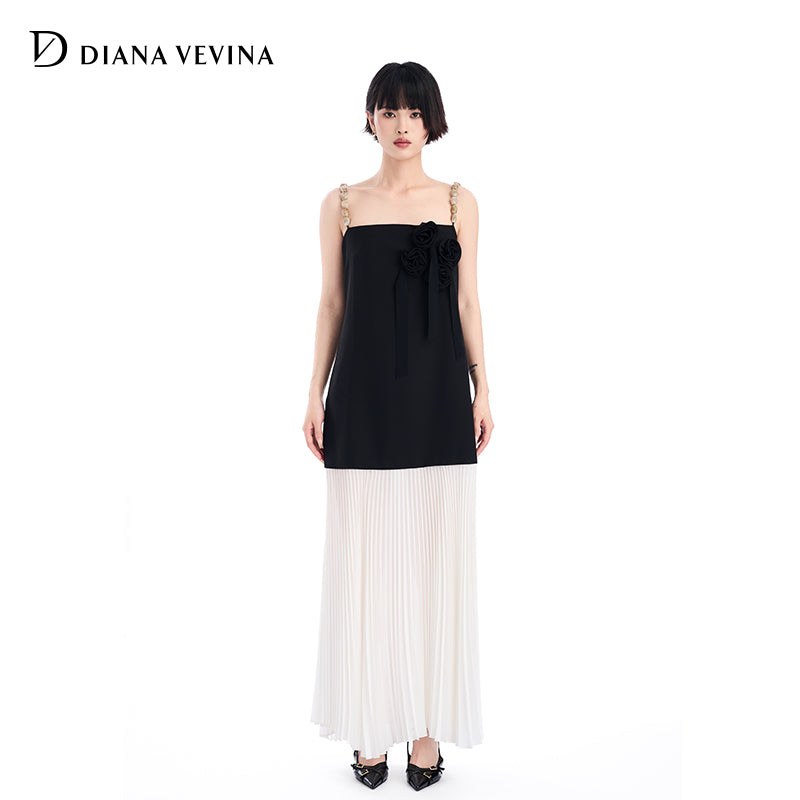 BLACK CRINKLED CHIFFON PANEL CAMI MAXI DRESS