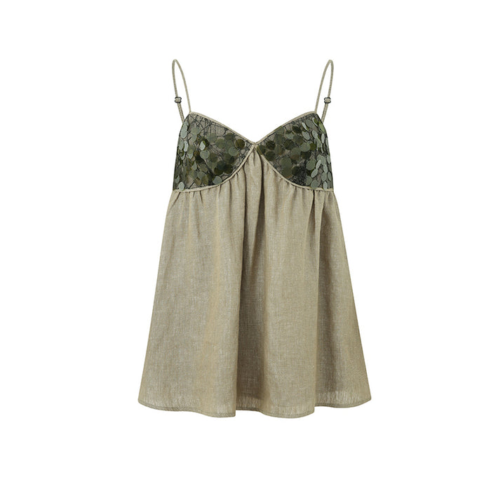 GREEN LINEN SEQUIN PANEL CAMI