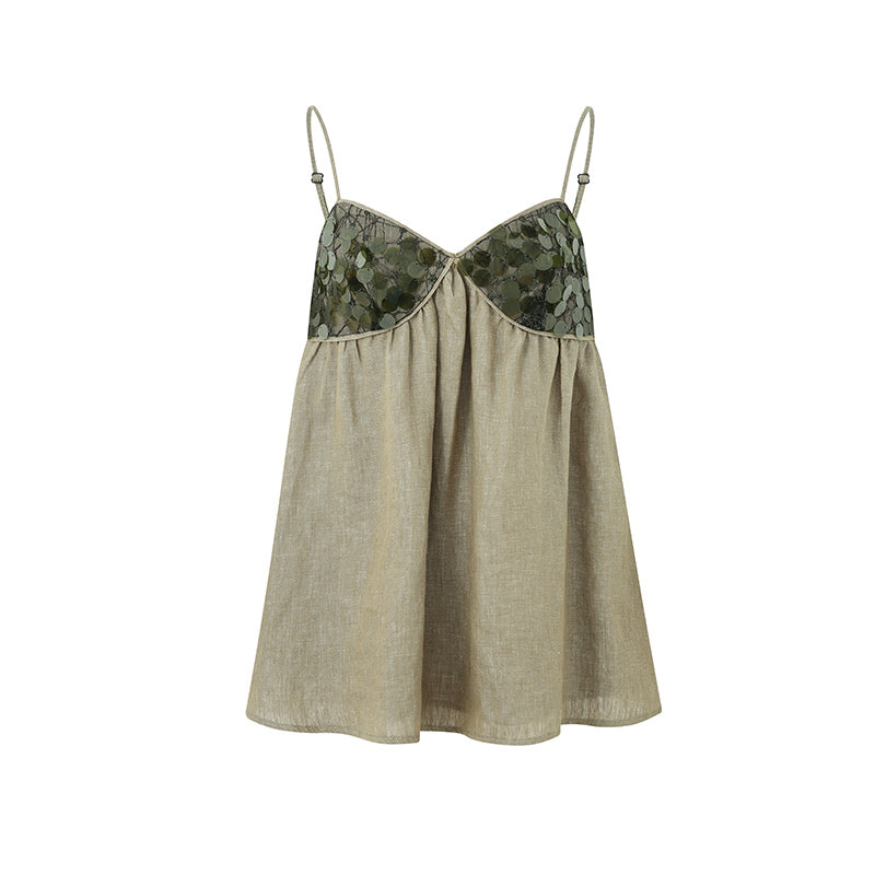 GREEN LINEN SEQUIN PANEL CAMI