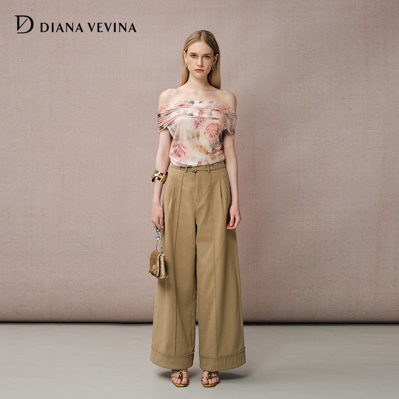 KHAKI BELTED STRAIGHT-LEG WIDE PANTS