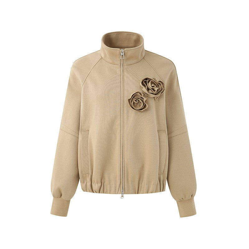 KHAKI ZIP-UP COLLARED SWEATSHIRT JACKET