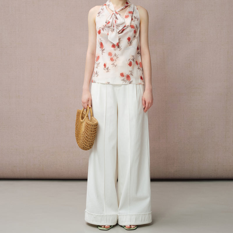 WHITE BELTED STRAIGHT-LEG WIDE PANTS