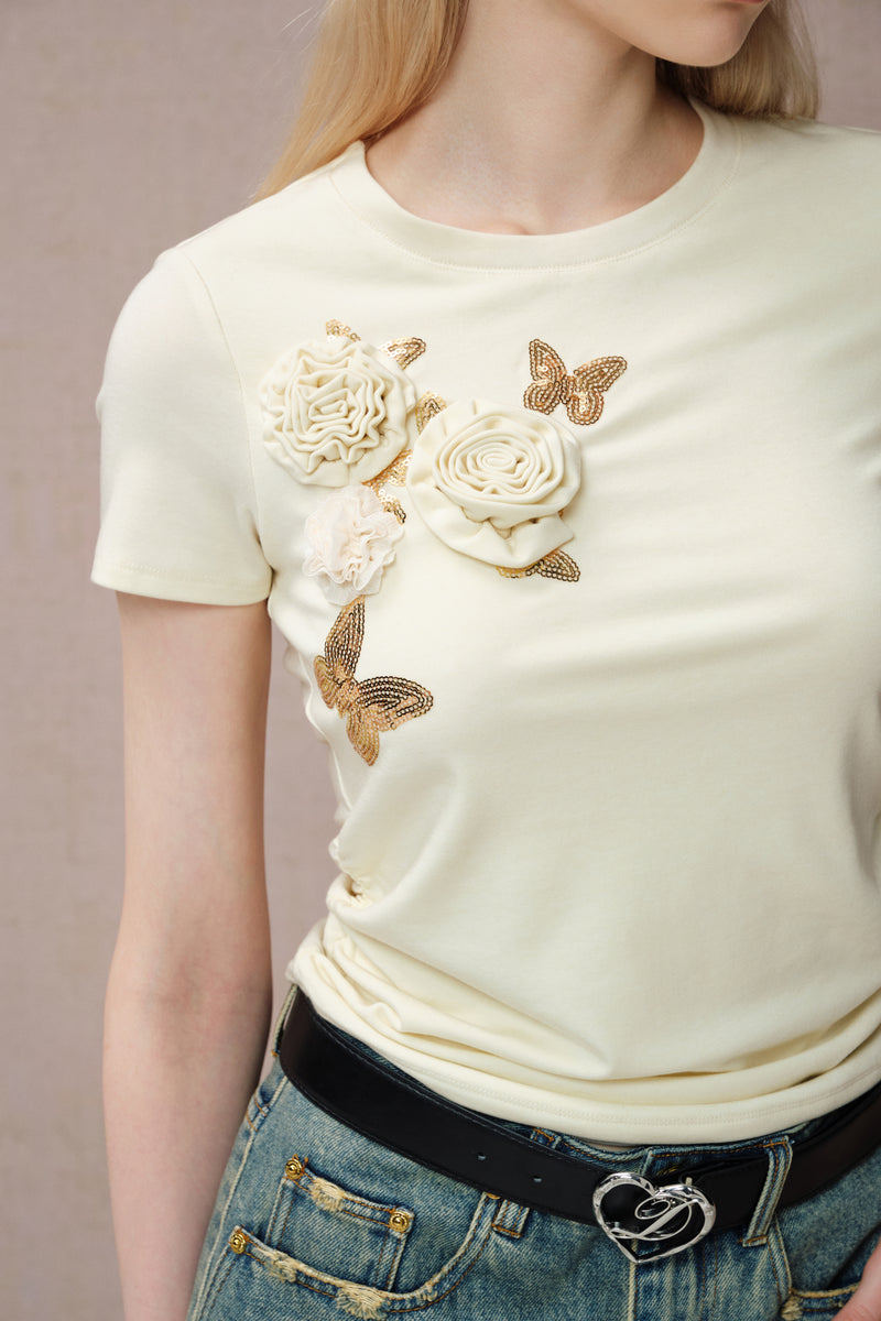 YELLOW BUTTERFLY BEADED FLORAL T-SHIRT