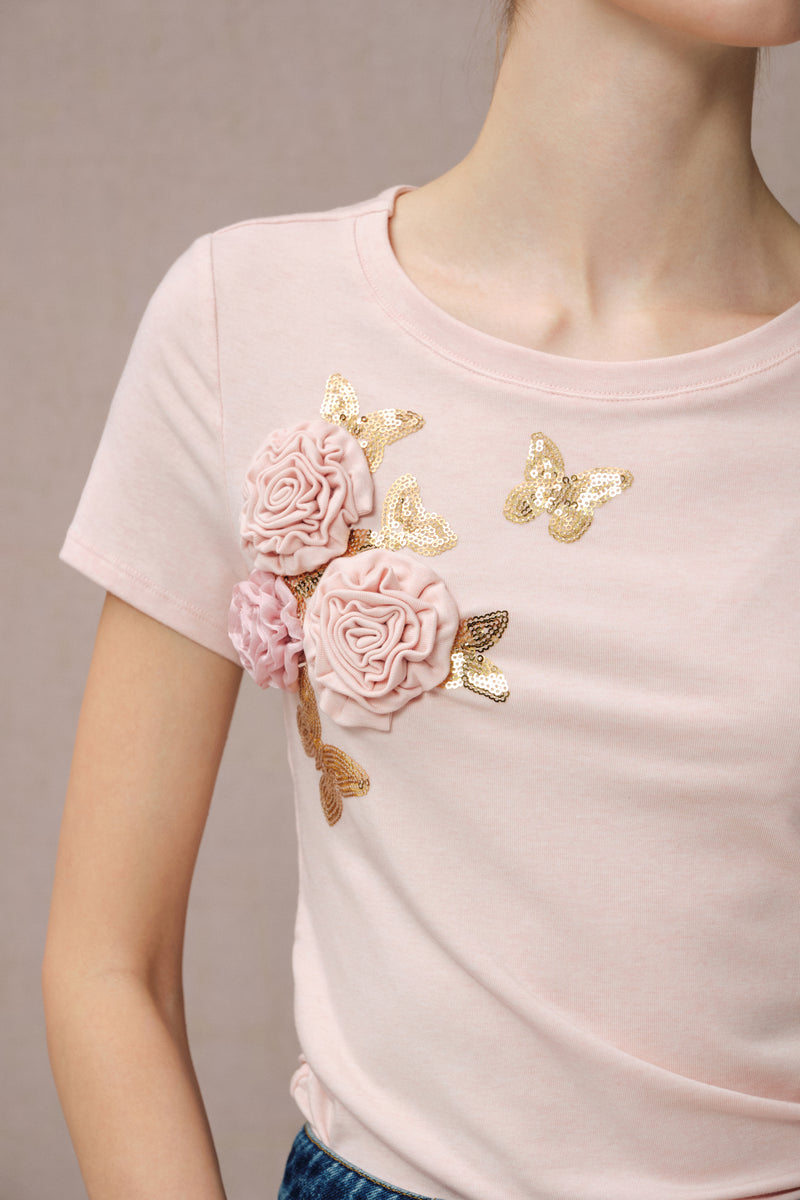 PINK BUTTERFLY BEADED FLORAL T-SHIRT