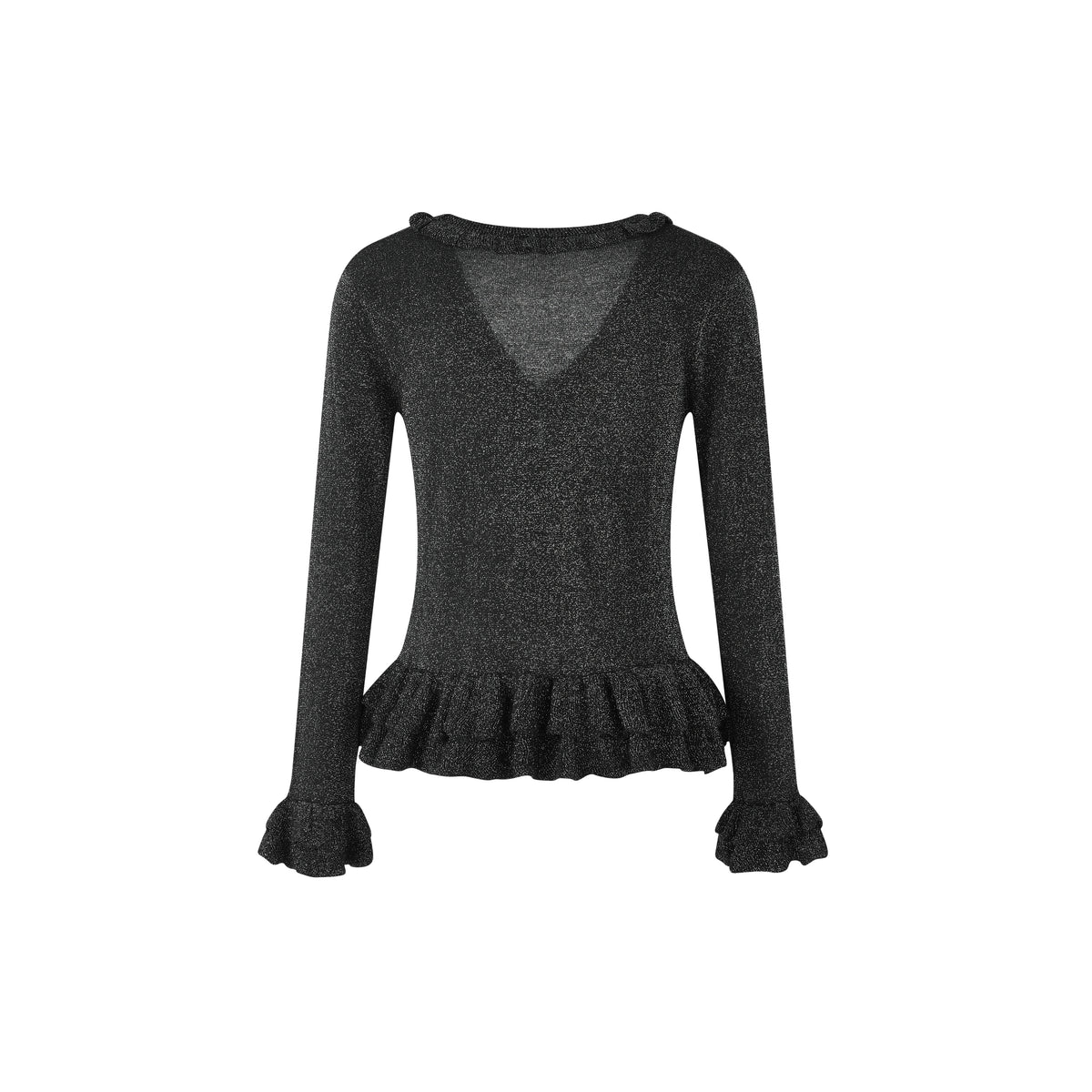 Black Ruffle Trim Jacquard Knit Cardigan