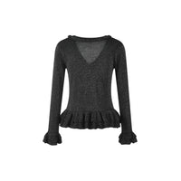 Black Ruffle Trim Jacquard Knit Cardigan